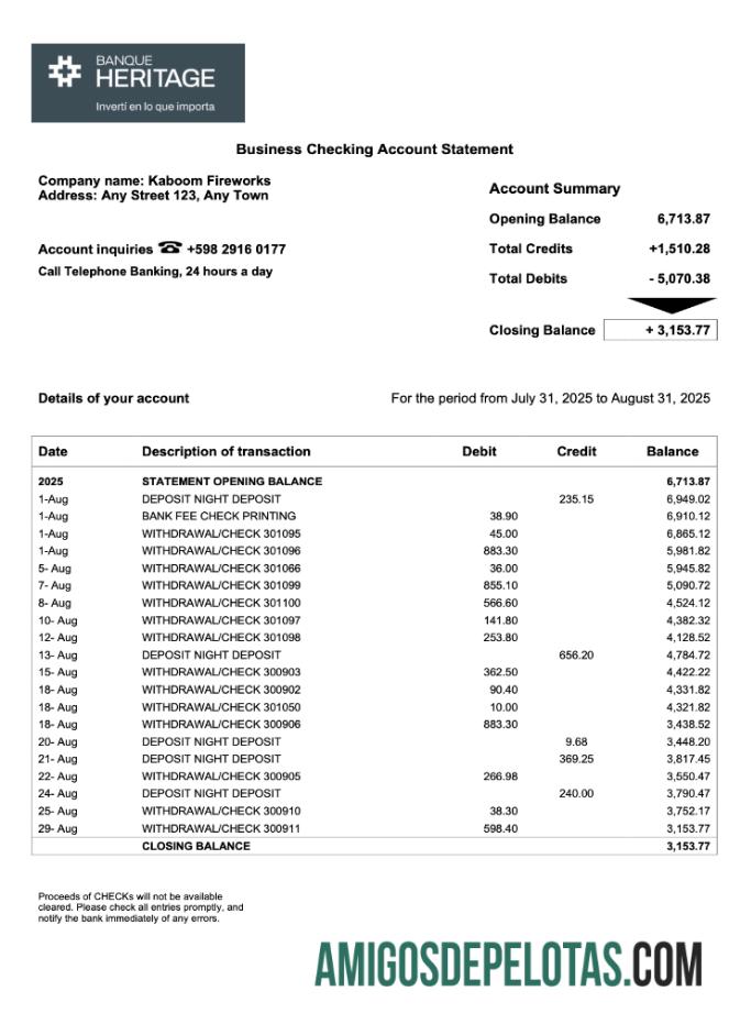 Realista Uruguai Banque Heritage Firm modelo de extrato de conta Word e PDF
